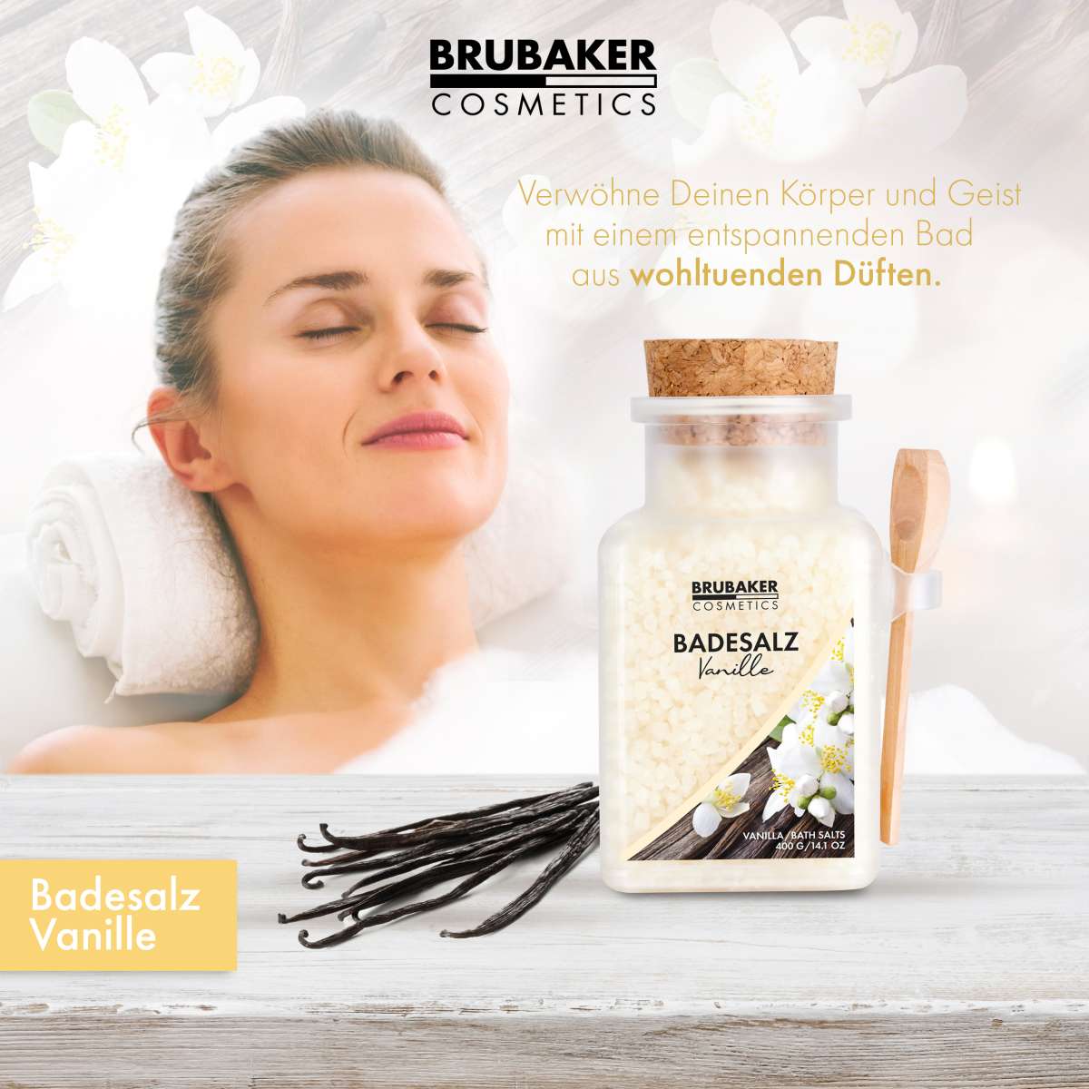 BRUBAKER Badesalz Mit Lavendel-Duft – 400 G Dose, Mit Natürlichen Extrakten & Holz-Messlöffel – Für Entspannende Wellness-Bäder