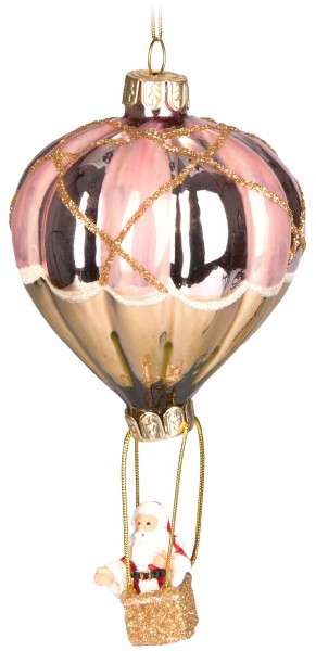 Weihnachtsmann im Heißluftballon Rosa Gold - Handbemalte Weihnachtskugel aus Glas - 14 cm