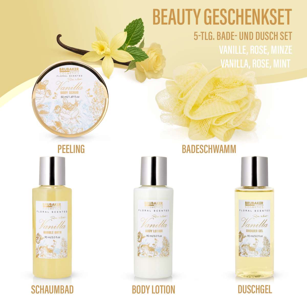 Pflegeset Vanille Rosen Minze Duft - 5 teiliges Geschenkset