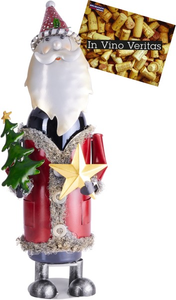 Flaschenhalter Weihnachtsmann handbemalte Metall Skulptur inklusive Geschenkkarte