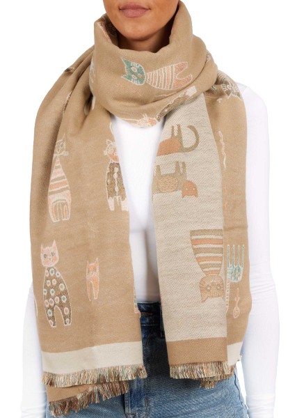 Cashmirillo Damen Schal mit Katzen Muster - 70 x 200 cm - Warm und Kuschelig