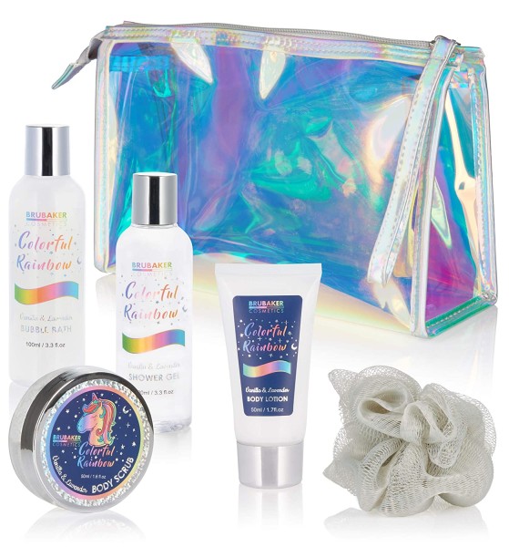 6-tlg. Einhorn Beauty Set - Colorful Rainbow - mit Vanille Lavendel Duft in Kosmetiktasche