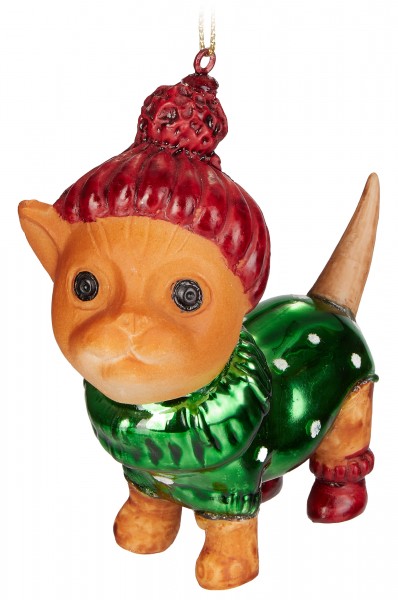 Katze mit Pudelmütze und Weihnachtspulli Rot Grün - Handbemalte Weihnachtskugel aus Glas - 10 cm