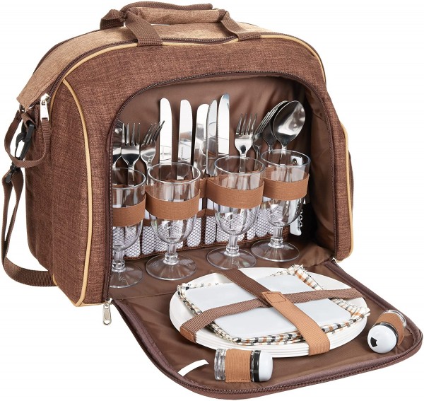 Picknicktasche für 4 Personen Schultertasche mit Kühlfach Braun 38 × 30 x 21,5 cm