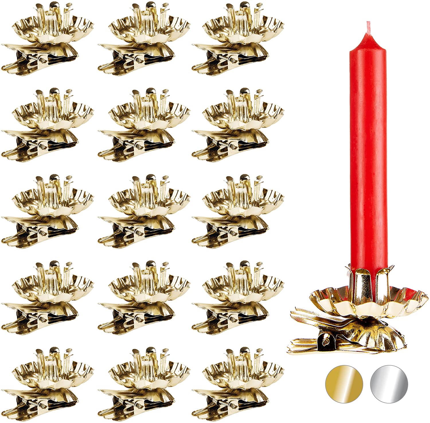 Baumkerzenhalter 16 Vintage Clips in Gold mit 40 Kerzen in rot