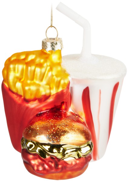 Fast Food Menü Weihnachtskugel aus Glas - Burger Pommes und Soft Drink
