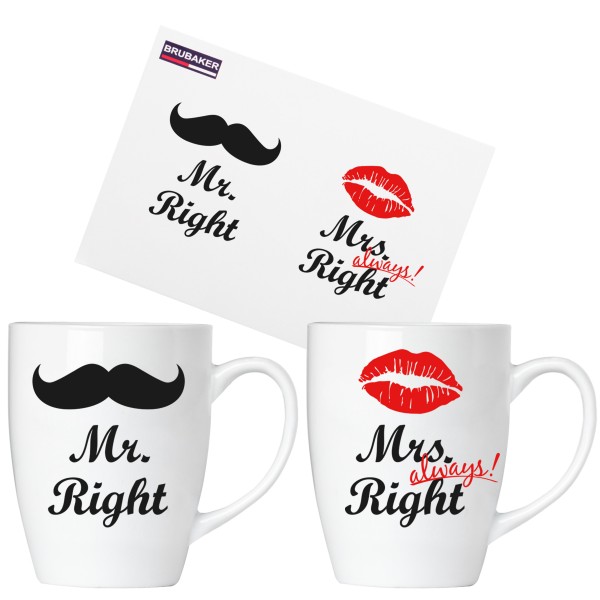 BRUBAKER "Mr. Right & Mrs. Always Right" Tassen aus Keramik - Grußkarte und Geschenkpackung