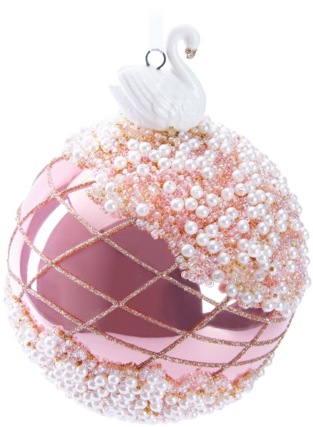 Premium Weihnachtskugel Rosa mit Schwan Figur - Von Hand dekorierte Baumkugel aus Glas