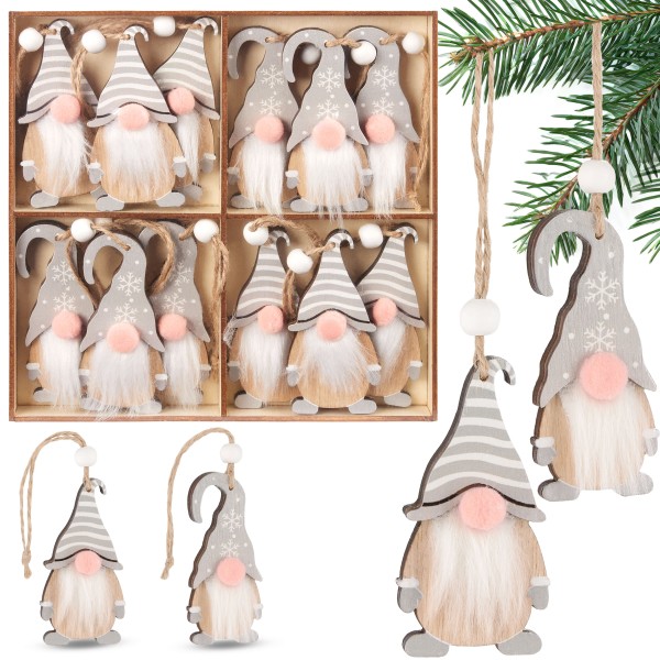 12x Weihnachtsanhänger Wichtel - 8 cm Baumschmuck aus Holz - Zwerge mit Bart