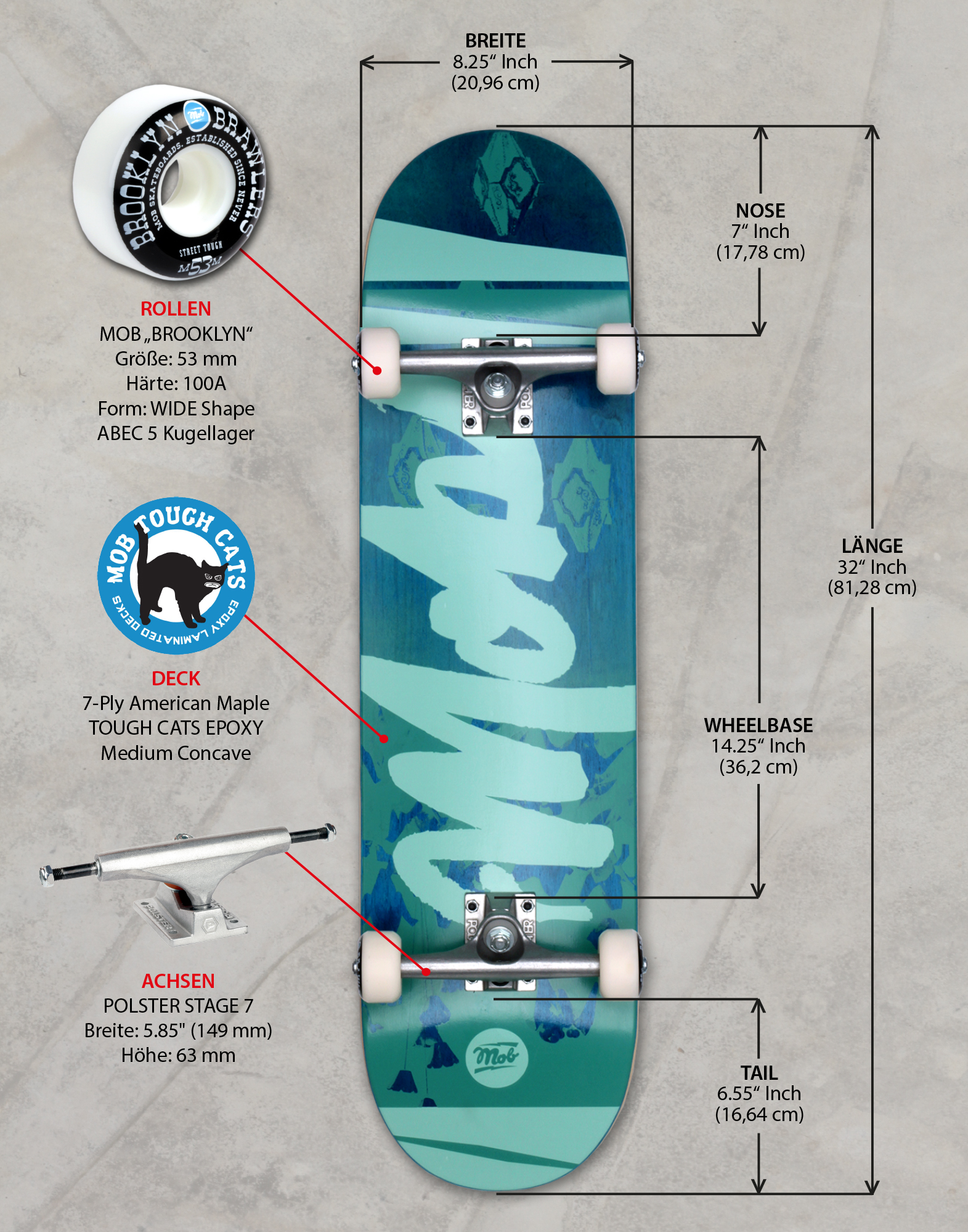 Skateboard Complet MOB Gold Label 8.0 - Planche 7 Plis Érable - Roues 53mm 100A - Axes Stage 7 - Prêt à Rider (31,875 X 8 Pouces)
