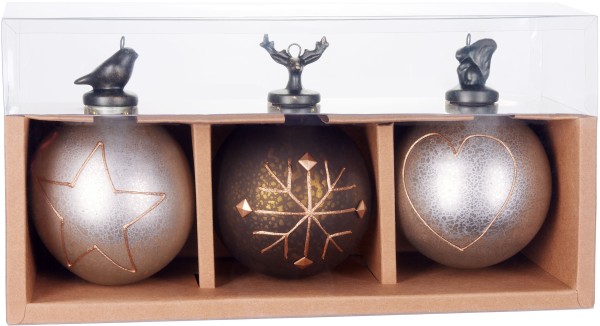 3er Set Weihnachtskugeln aus Glas - Stern, Schneeflocke und Herz - Premium Baumkugeln