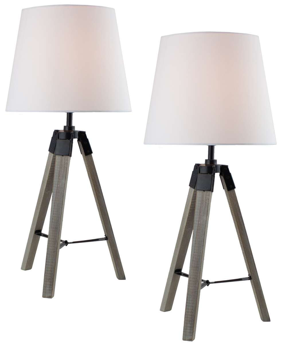 BRUBAKER 2er Set Tischlampen – 33 Cm Hoch, Holz/Metall-Fuß Grau, Textilschirm, E14-Fassung