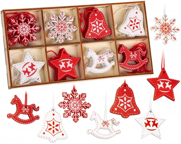 24-tlg. Weihnachtsanhänger Set - Baumschmuck Rot Weiß aus Holz 3-4 cm Schaukelpferde Sterne Glocken