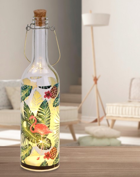 Lichterflasche Flamingo mit Palmen - 5 LEDs - Dekoflaschen - Flaschenlicht - 7,3 x 28 cm