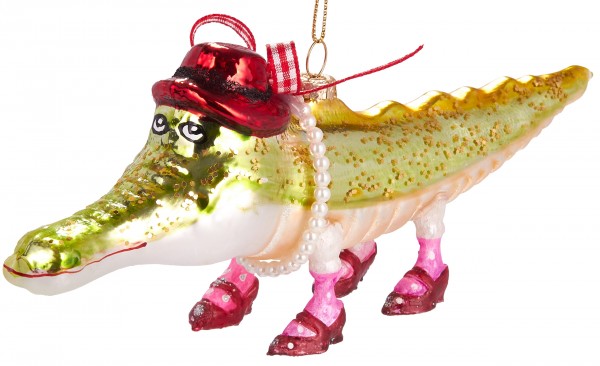 Krokodil mit Hut und Schuhen - Handbemalte Weihnachtskugel aus Glas - Mundgeblasene Baumkugel - 20 c