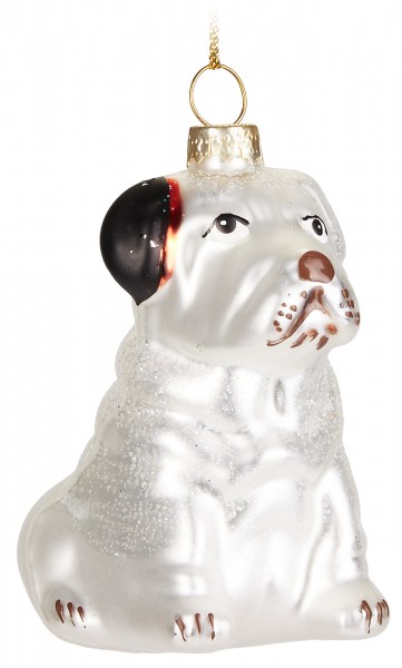 Englische Bulldogge Weiß mit Weihnachtsmütze - Handbemalte Weihnachtskugel Hund aus Glas - 7,9 cm