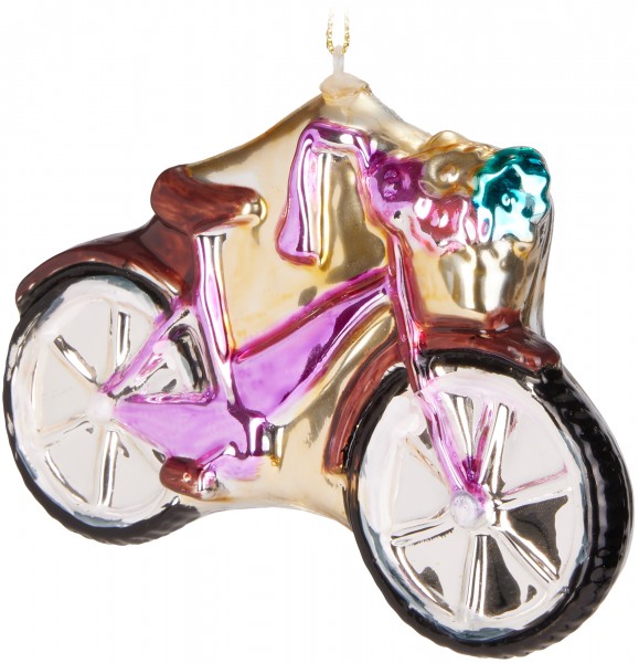 Fahrrad Pink mit Glitzer - Handbemalte Weihnachtskugel aus Glas - 12,3 cm