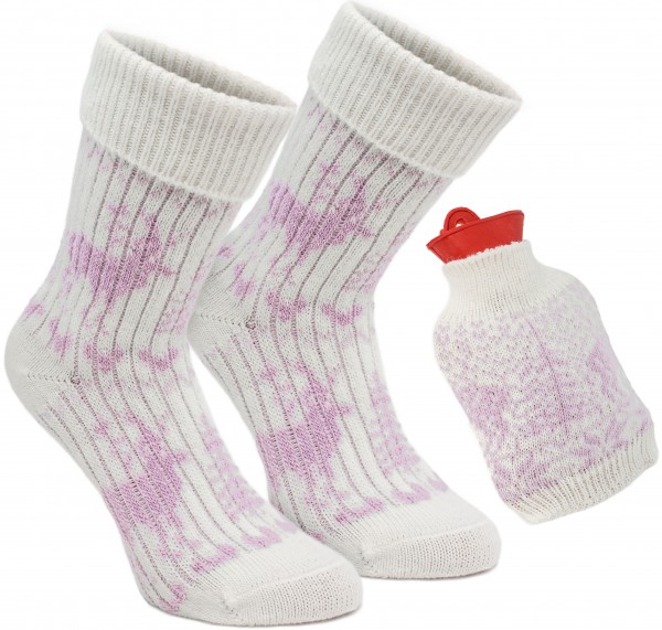 1 Paar Damen Norweger Socken - Kuschel Geschenk Set "Warme Füße" mit eingestrickter Wärmflasche