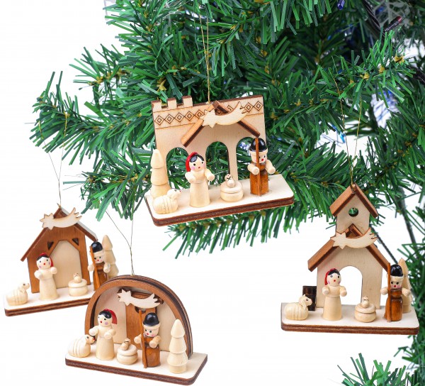 4-tlg. Set Krippen - Baumschmuck Maria und Josef mit Jesus - Christbaumschmuck aus Holz - Handbemalt