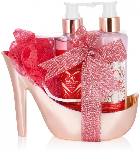 5-tlg. Bade- und Dusch Set Himbeere Champagner - Pflegeset Geschenkset in High Heel Rosé Gold