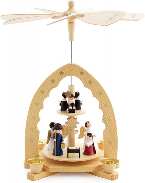 2-stöckige Weihnachtspyramide aus Holz - 30 cm - Krippenszene mit Jesuskind