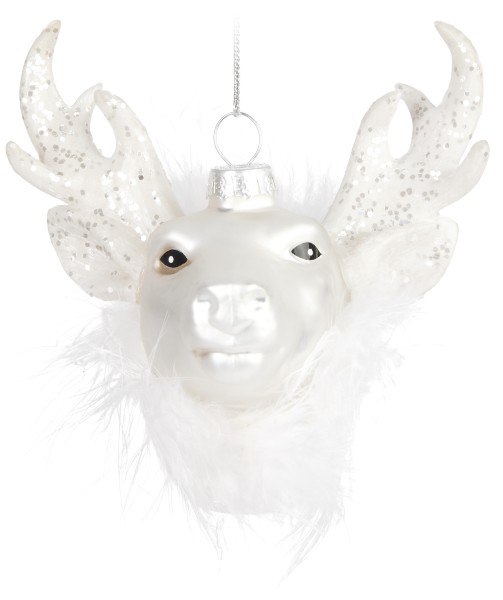 Hirschkopf Weiß mit Glitzer Weihnachtskugel aus Glas - Handbemalt