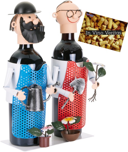 Flaschenhalter Gärtner Paar Flaschenständer Metall Deko-Objekt Figuren mit Grußkarte