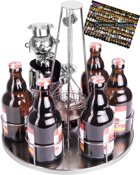 Bier Flaschenhalter Grillmeister mit Schwenkgrill Metall Skulptur mit Geschenkkarte