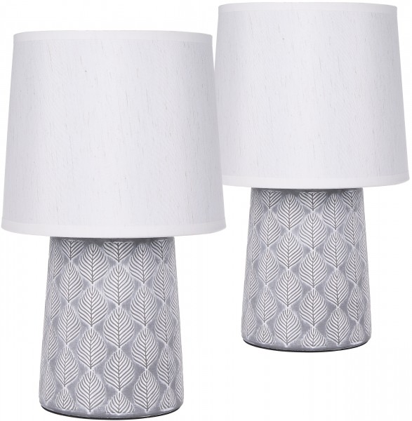 Tisch- oder Nachttischlampen - 33 cm - Grau - Keramik Lampenfüße - Blatt Ornamente - Leinen