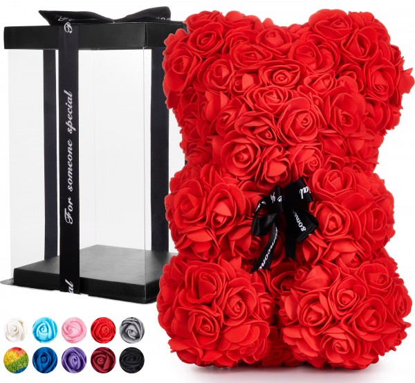 Rosenbär mit Schleife 25 cm - Blumen Geschenk zum Valentinstag Geburtstag - Geschenkbox inklusive