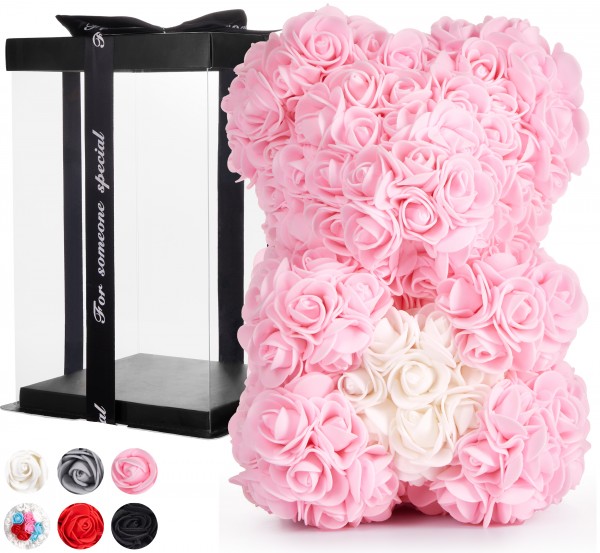 Rosenbär 25 cm mit Herz - Blumen Geschenk zum Valentinstag Geburtstag - Geschenkbox inklusive