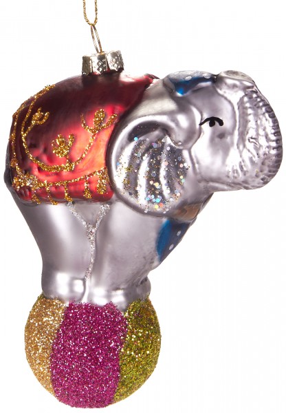 Zirkuselefant auf Ball - Handbemalte Weihnachtskugel aus Glas – Mundgeblasene Baumkugel - 11 cm