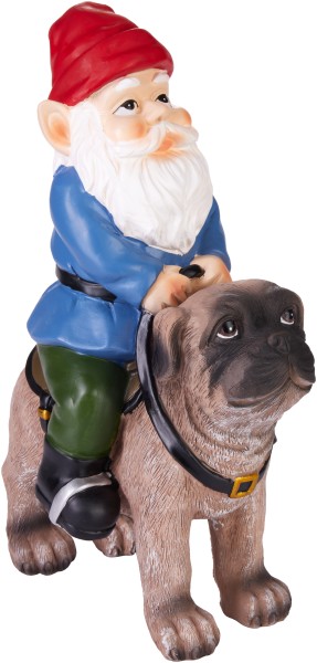Gartenzwerg mit Hund - Zwerg reitet mit Sattel auf Mops - Gartenfigur Lustig