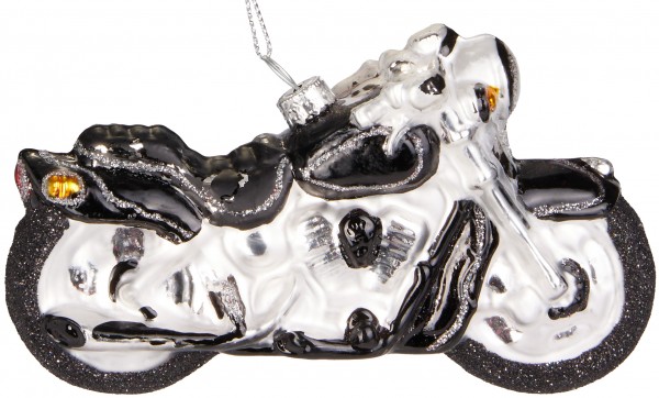Motorrad Schwarz Silber - Handbemalte Weihnachtskugel aus Glas - 12,8 cm