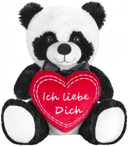 BRUBAKER Plüsch-Panda 25 cm Schwarz-Weiß mit schwarzer Schleife und rotem Ich liebe Dich-Plüschherz