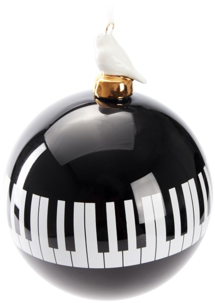 Premium Weihnachtskugel Klavier - Schwarz Weiß mit Vogel Figur aus Porzellan