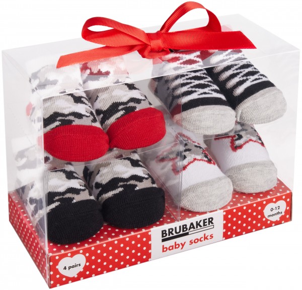 4 Paar Babysocken 0-12 Monate - Baby Geschenkset für Neugeborene - Camouflage Rot Schwarz