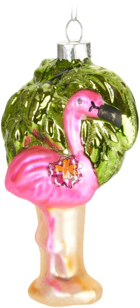 Flamingo Pink mit Palme Weihnachtskugel aus Glas - Handbemalt und Mundgeblasen