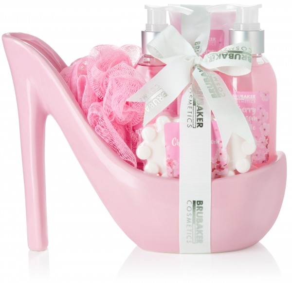 Luxus Beautyset Kirschblüte - 6-tlg. Bade- und Dusch Set in Keramik Stiletto Rosa